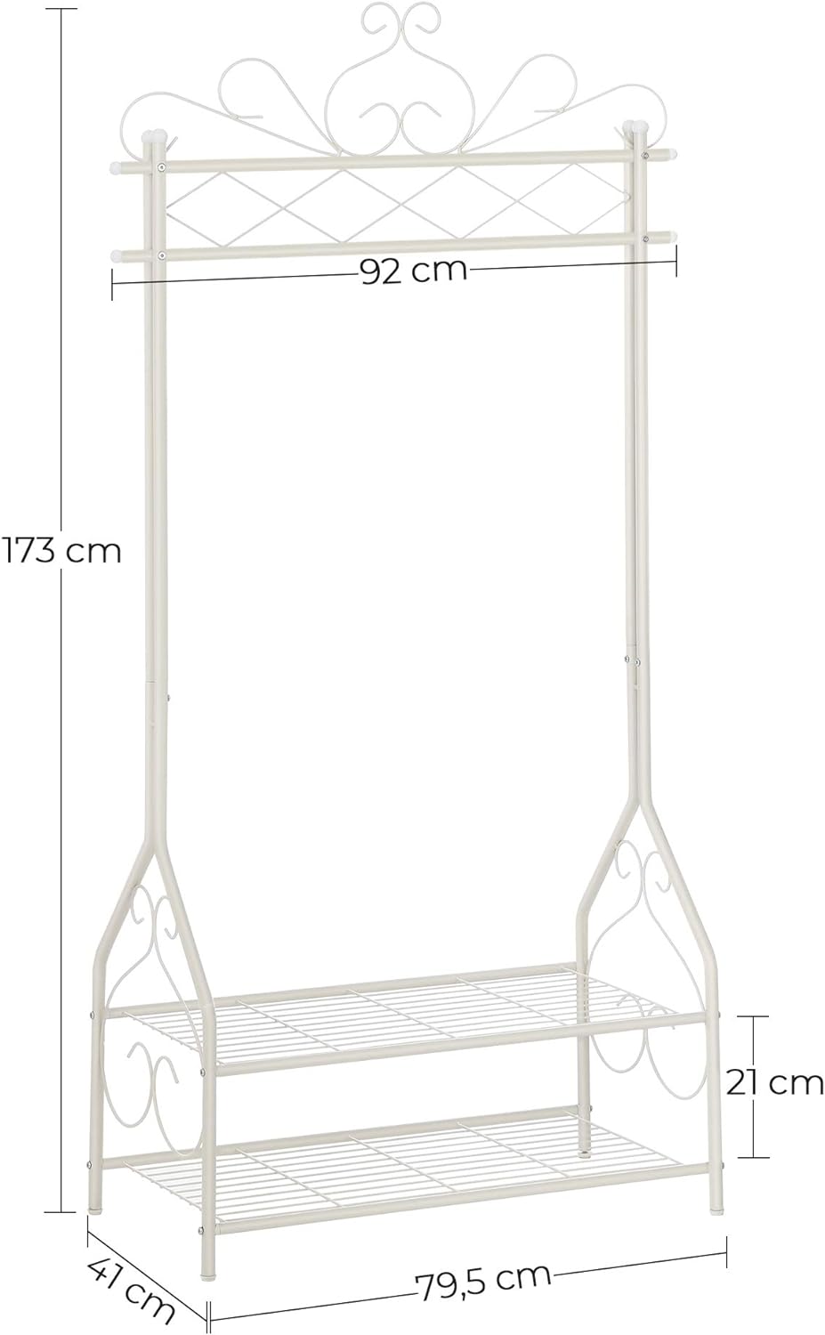 SONGMICS Suport pentru haine metalic, cu sina de agatat, 2 rafturi, 92x41x173cm, crem