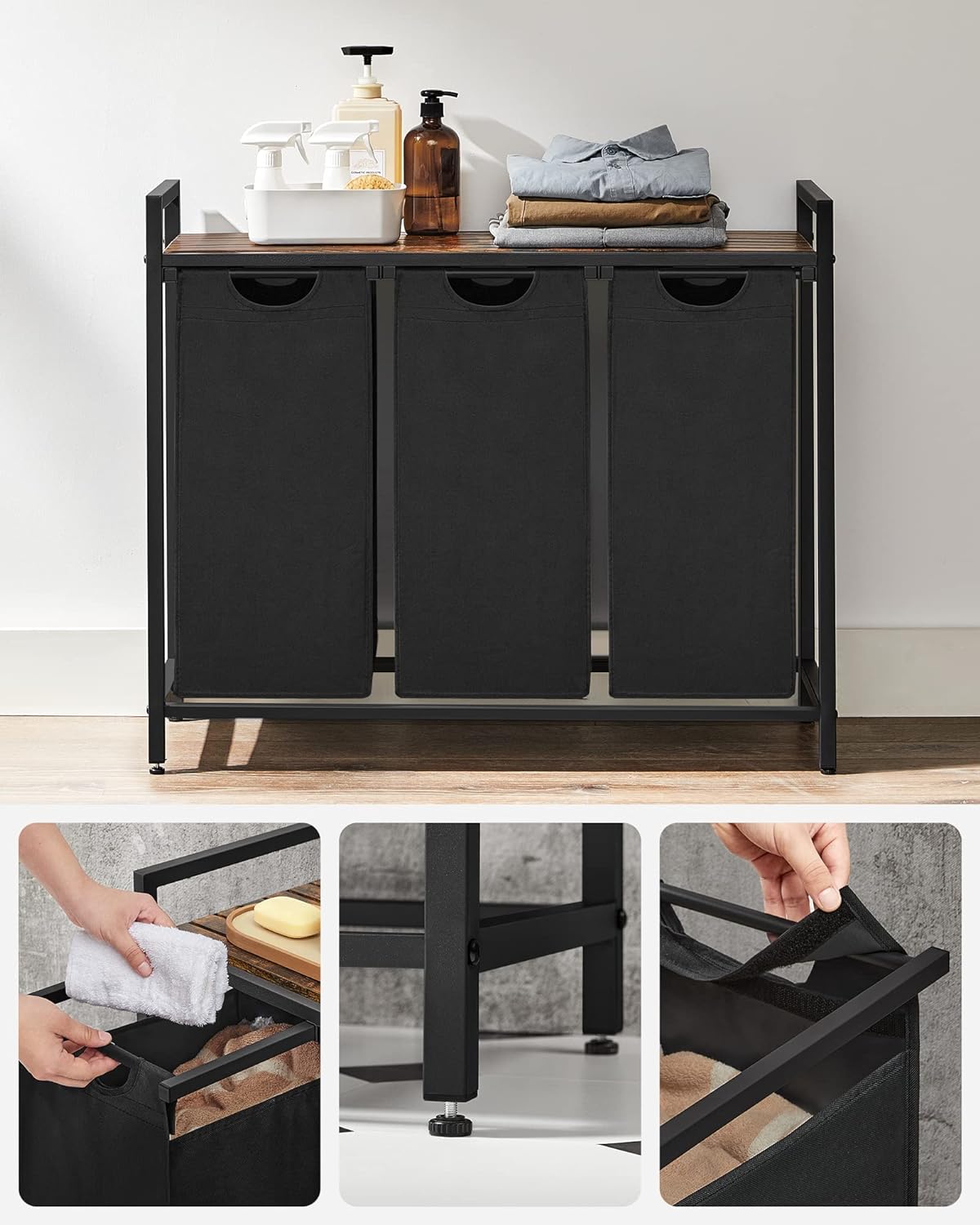 VASAGLE Cos de rufe, 3 compartimente, saci de rufe detasabili, raft, cadru metalic, 3x38L, 93x33x72 cm, maro rustic si negru - 6