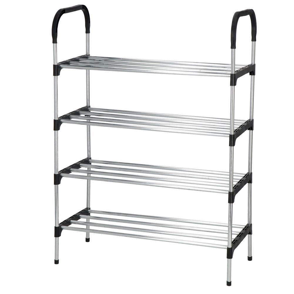 Suport pentru pantofi, 4 rafturi, cadru metalic, 84x28x60cm, negru si argintiu