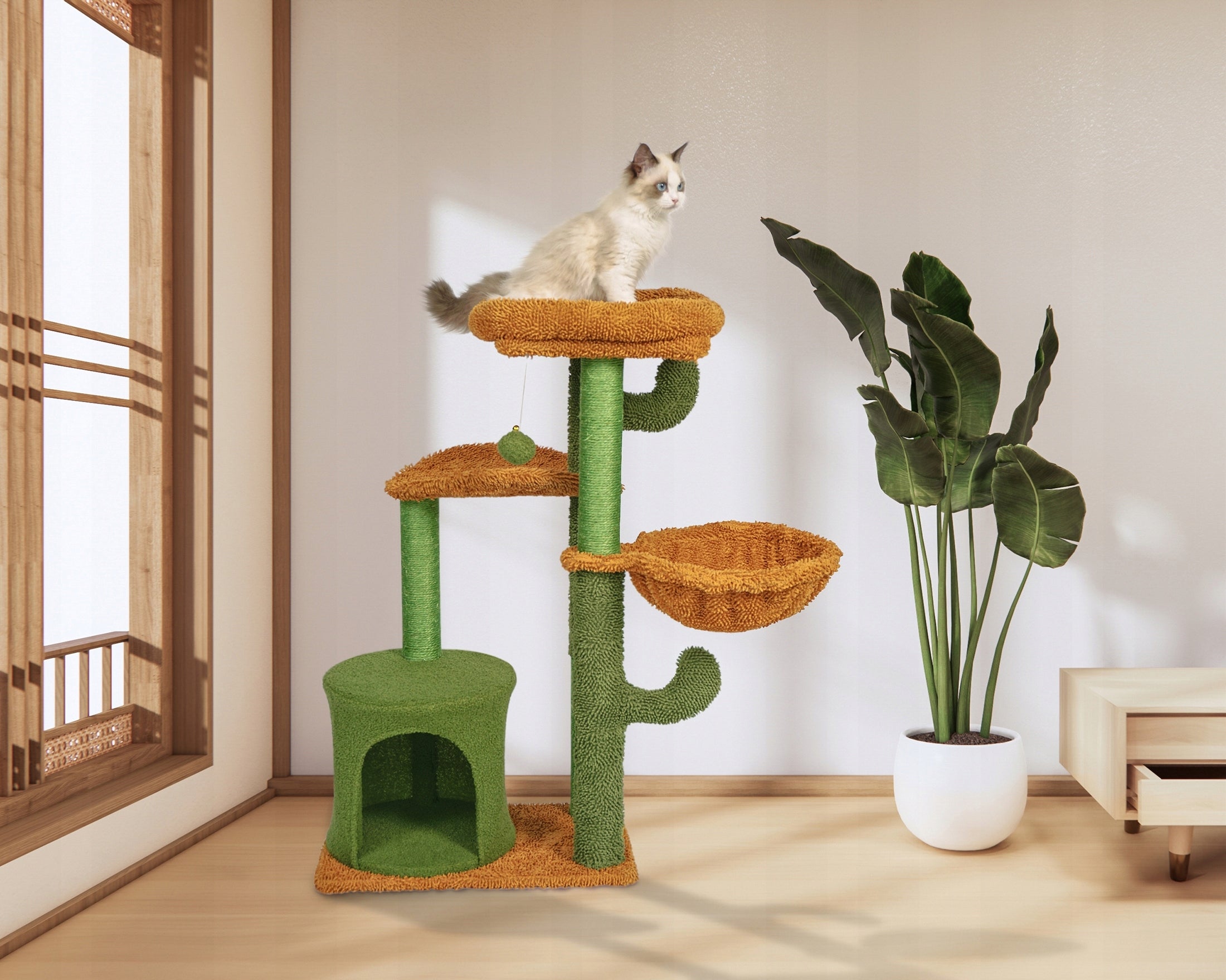 Ansamblu de joaca pentru pisici, model cactus, ascunzatoare, culcus, 47x47x90 cm, verde si portocaliu