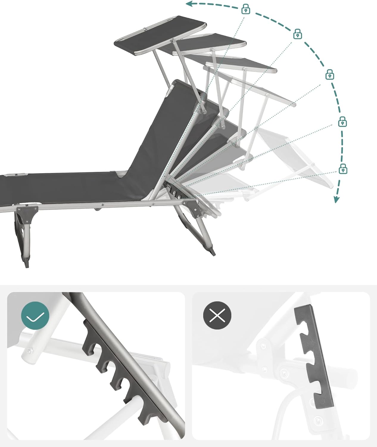 SONGMICS Sezlong pliabil, cu parasolar, spatar reglabil in 5 pozitii, maxim 150kg, 193x55x31cm, gri