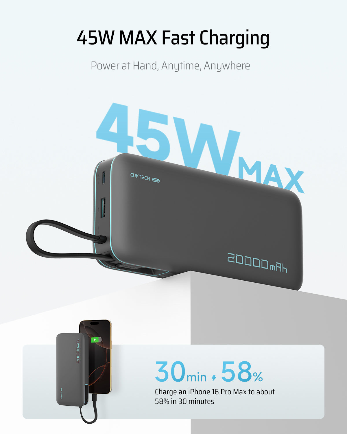 POWER BANK Cuktech CP25, 20000mAh, 55W, 1 x USB; 1 x USB Type-C, 1 x Cablu USB Tpe-C integrat, digital display pt. status baterie, gri 