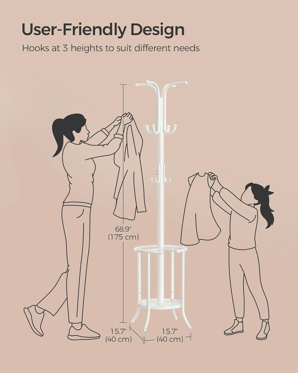 SONGMICS Cuier pentru haine, cu suport de umbrele, 12 agatatori, 175 cm, alb