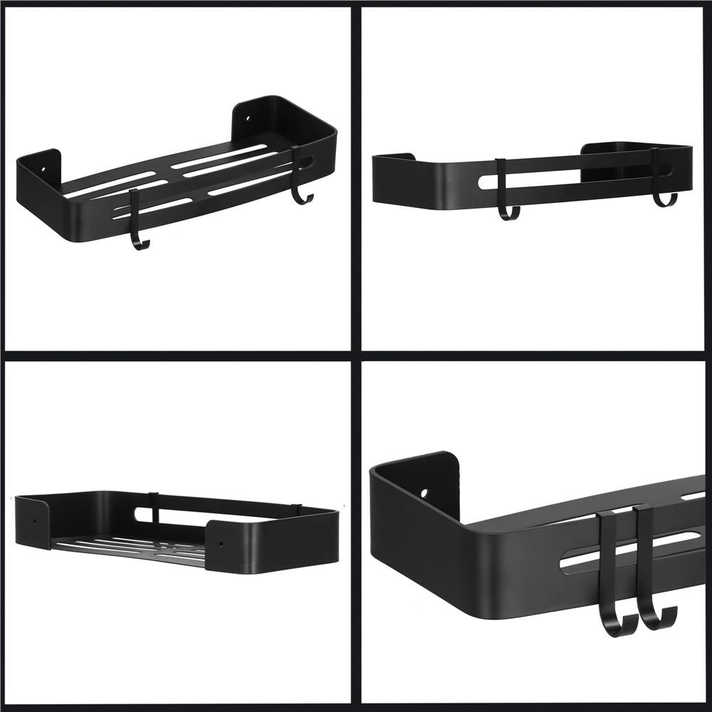 Raft de baie cu 2 agatatori, 2 sisteme instalare pe perete, aluminiu, 32x12x4cm, negru