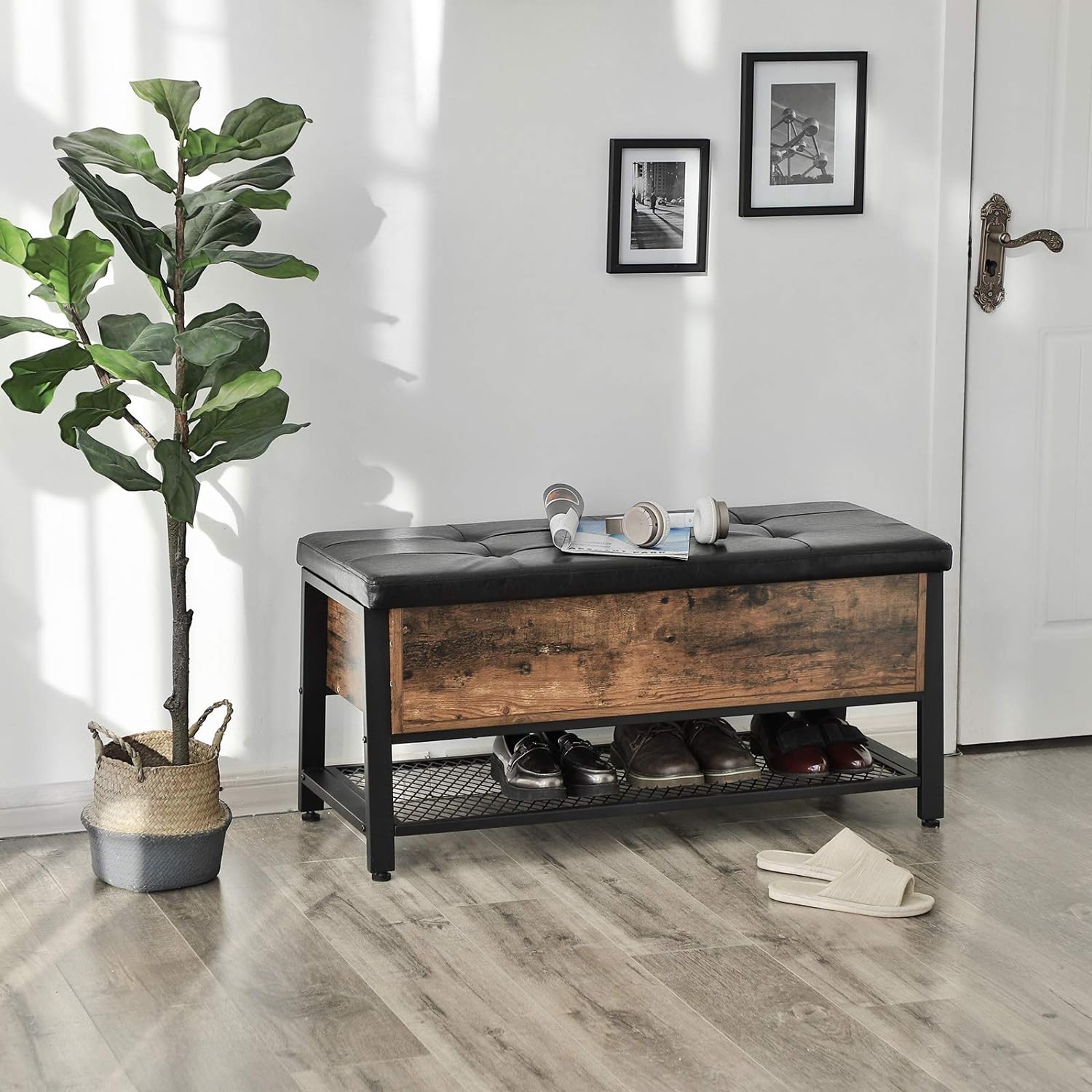 VASAGLE Pantofar de lemn cu spatiu de depozitare tip banca, cu sezut captusit si polita depozitare, stil industrial, 100x40x47cm, maro rustic si negru