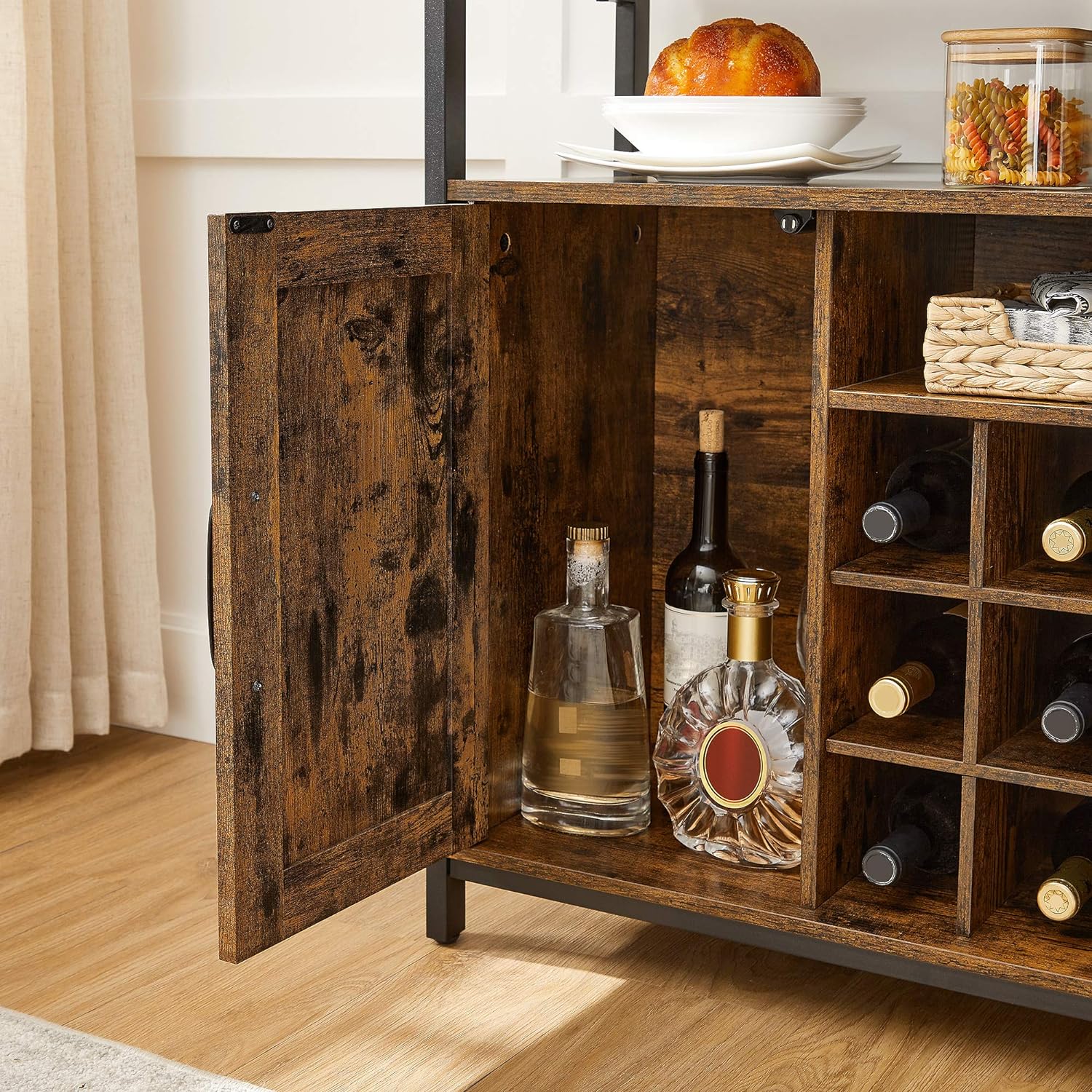 VASAGLE Comoda tip bufet, cu 2 usi si suport pentru sticle vin, stil industrial, 100x35x81cm, maro rustic si negru