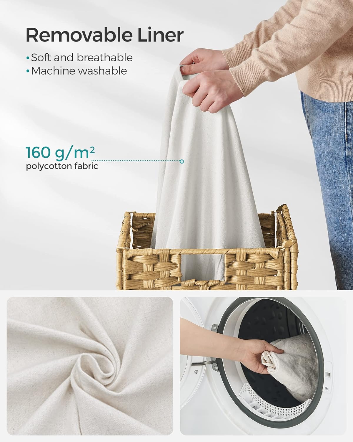 SONGMICS Cos de rufe stil ratan, cu captuseala detasabila lavabila, 90 litri, 46x33x60 cm, natural
