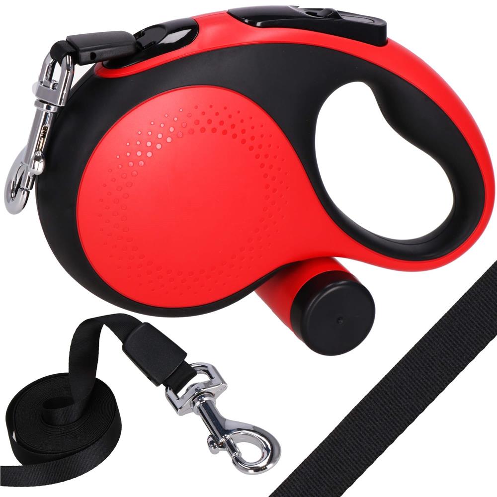 Lesa automata retractabila, pentru rase mari pana la 50kg, 500 cm, suport saci, negru rosu
