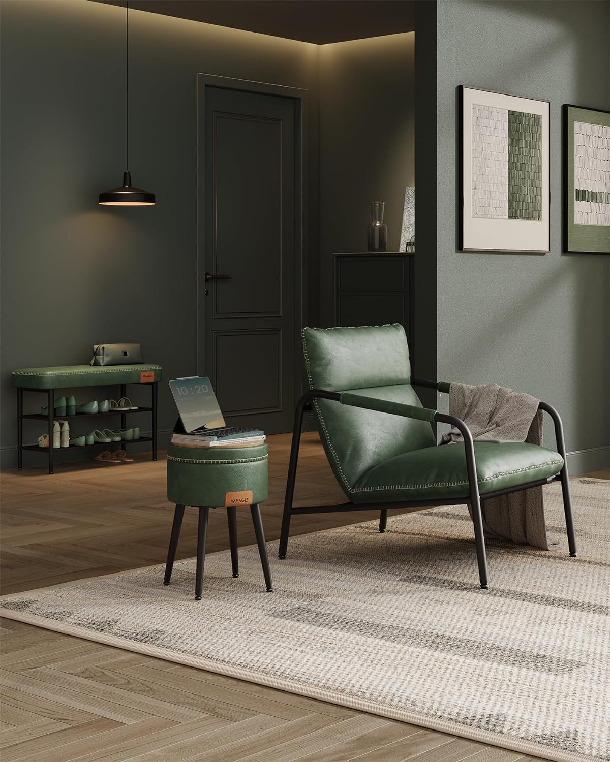 VASAGLE Taburet cu spatiu de depozitare, tapitat PU, cu 2 fete, diametru 32 cm, verde