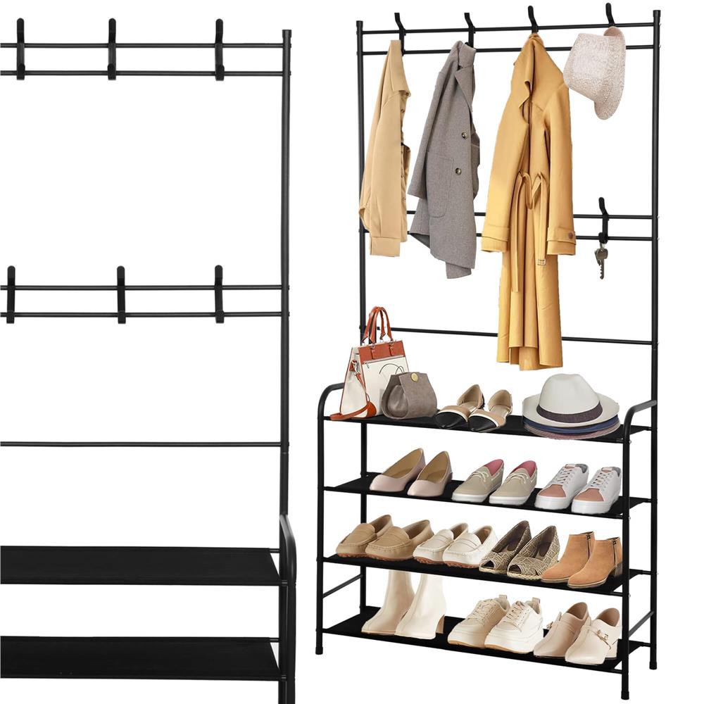 Cuier pentru haine cu banc de depozitare pantofi pe 4 polite, cadru metalic, 25x80x150cm, negru