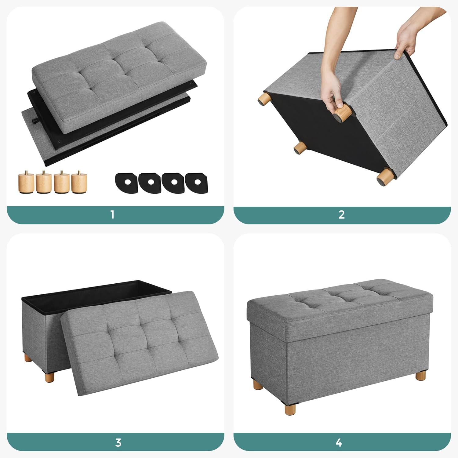 SONGMICS Taburet pliabil cu sezut moale, spatiu de depozitare, maxim 300 kg, 76x38x40 cm, gri deschis