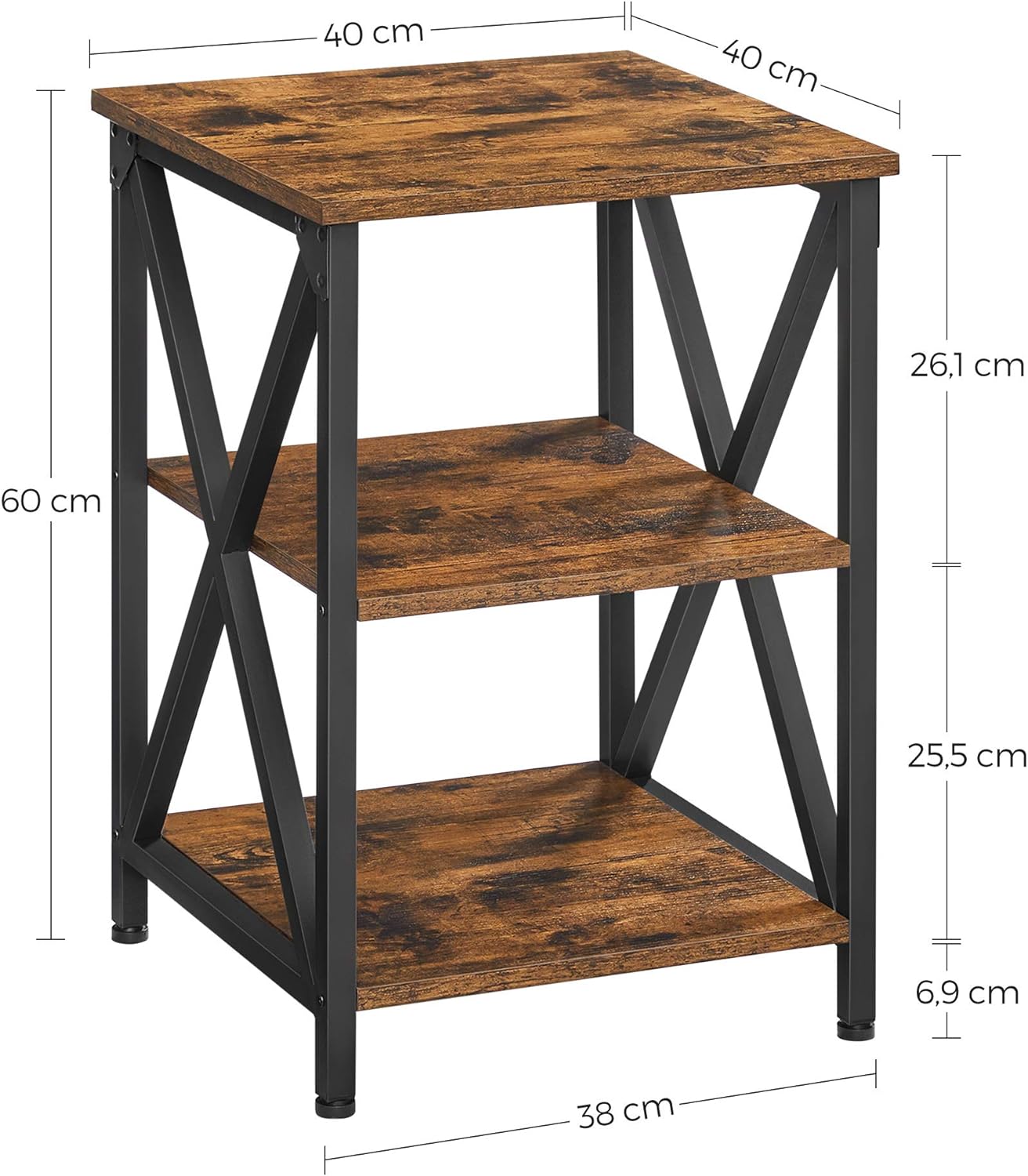 VASAGLE Noptiera mica din metal cu design in forma de X, 2 rafturi de depozitare, stil industrial, 40x40x60cm, maro rustic