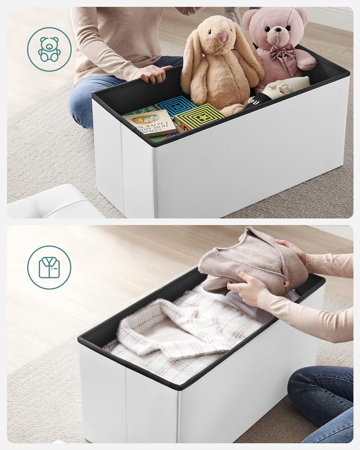 SONGMICS Taburet pliabil cu sezut moale, spatiu depozitare 80 litri, max 300kg, 76x38x38 cm, alb