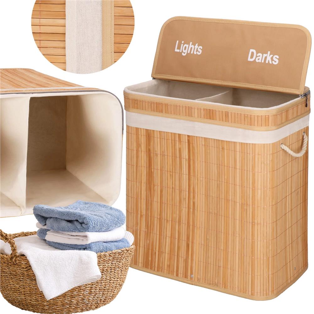 Cos de rufe din bambus cu capac, 2 compartimente, sac detasabil, volum 100L, 53x32x62cm, maro
