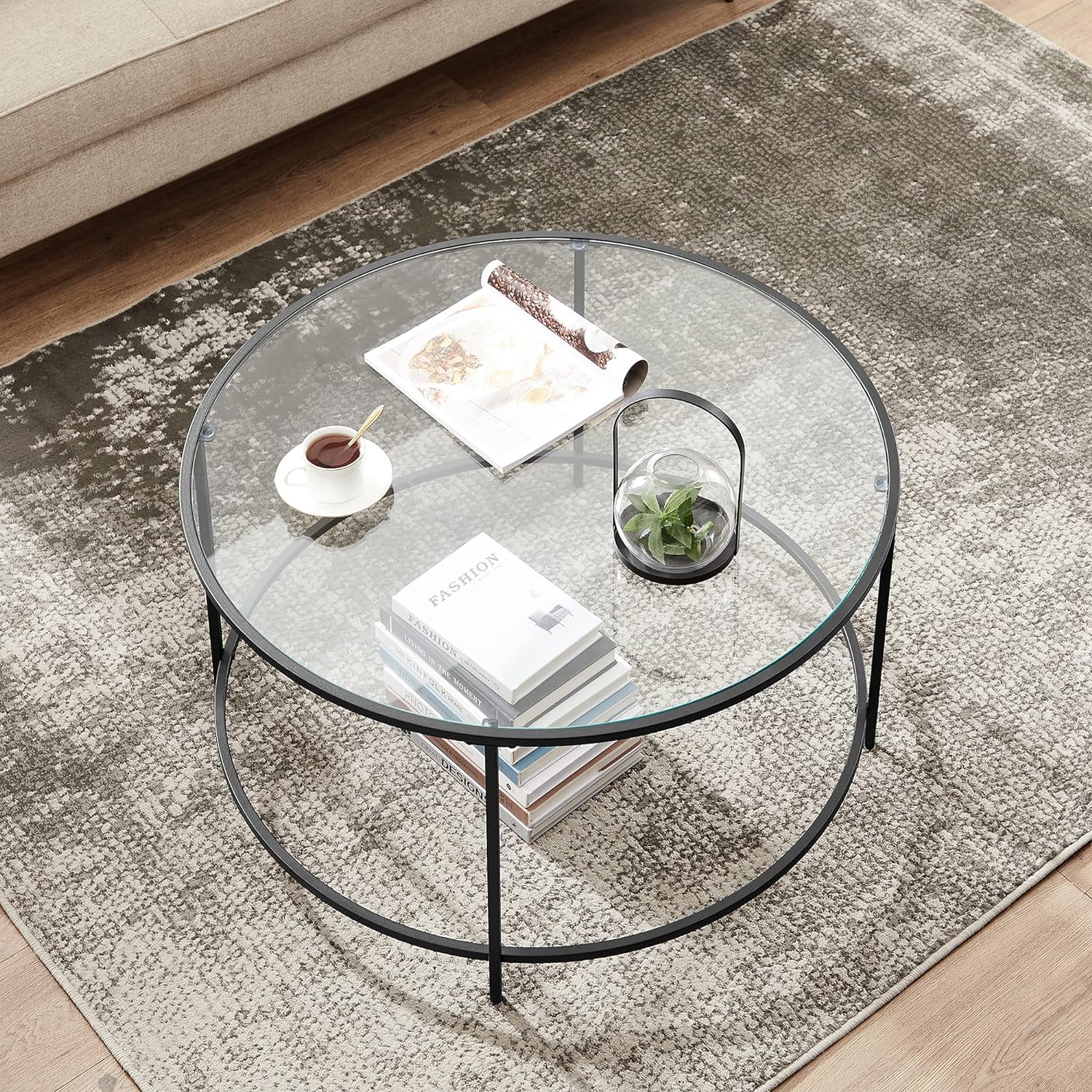 VASAGLE Masa de cafea rotunda, din sticla securizata cu cadru metalic, 84x84x45cm, negru