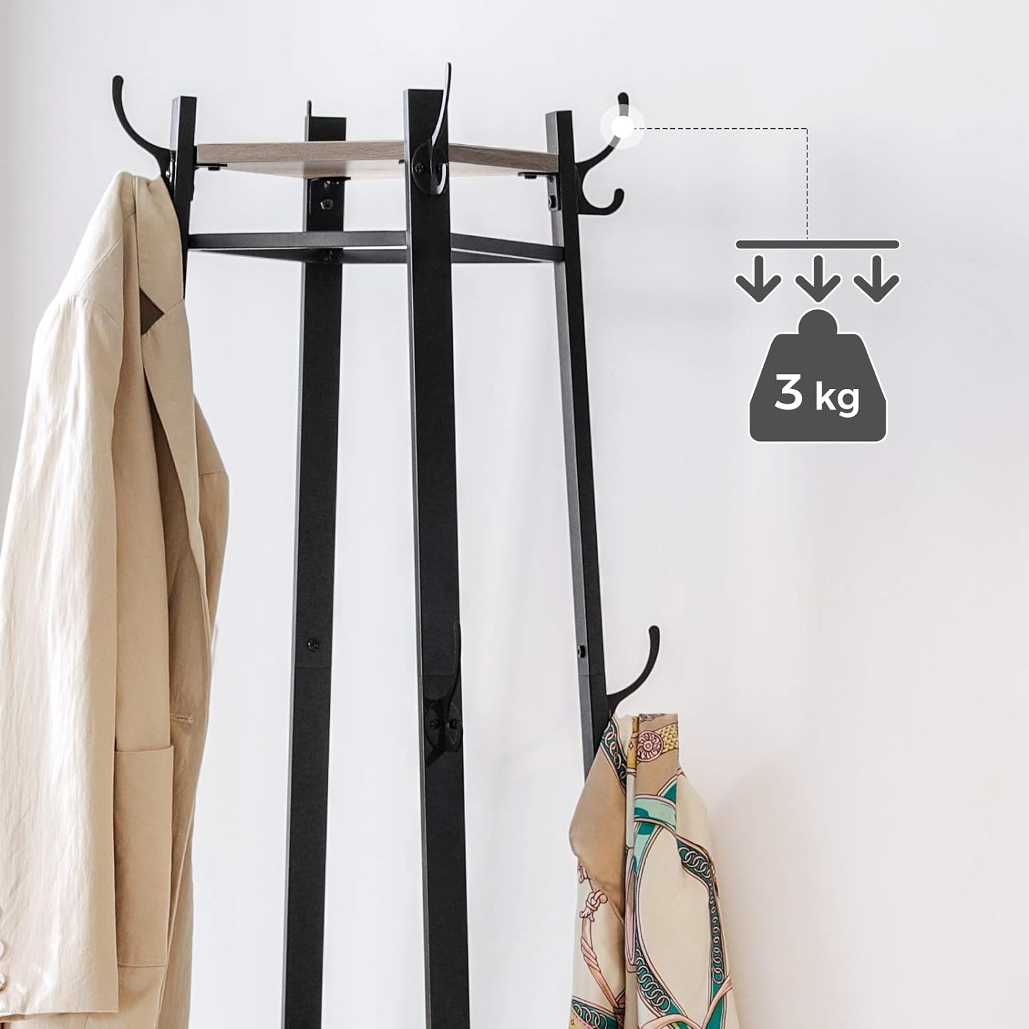 VASAGLE Cuier de haine cu 3 rafturi, suport cu carlige, din otel, 43x43x180 cm, stil industrial, gri si negru - 5
