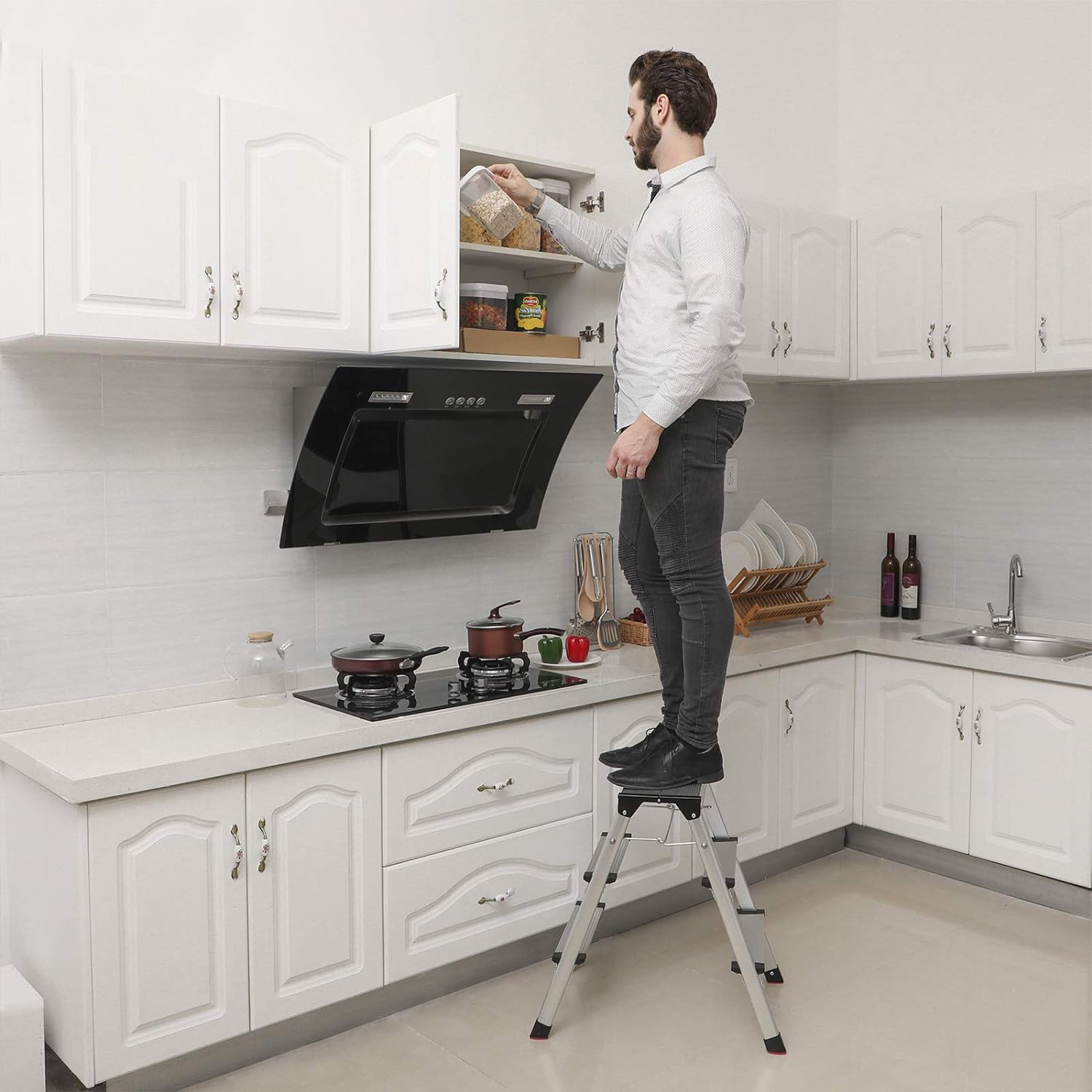 SONGMICS Scara dubla din aluminiu, multifunctionala, sarcina 150kg, cu 3 trepte, 59x44x62cm - 6