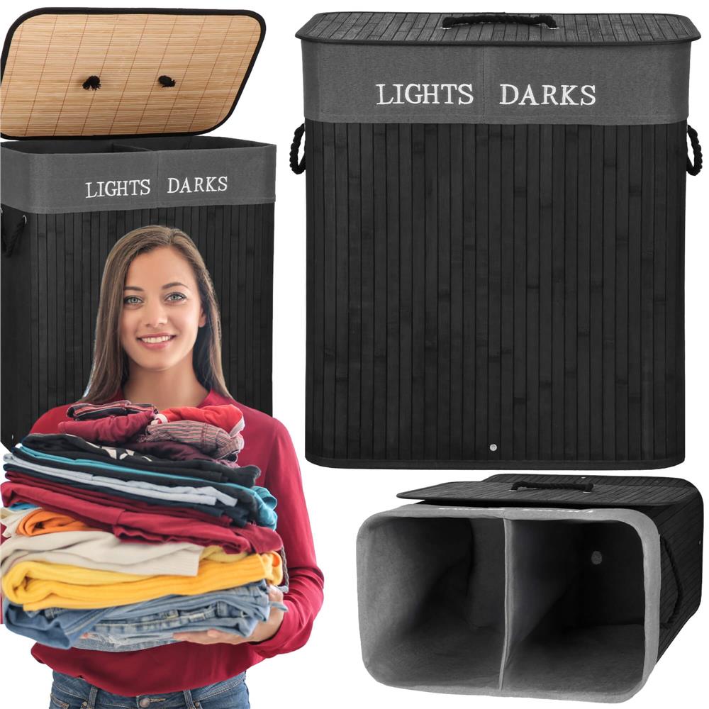 Cos de rufe din bambus cu capac, 2 compartimente, sac detasabil, volum 100L, 54x34x60cm, negru