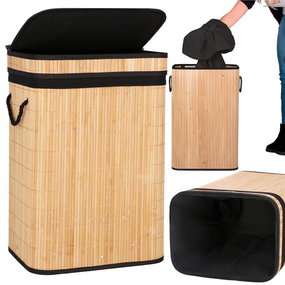 Cos de rufe din bambus cu capac, sac detasabil, volum 72L, 42x33x60cm, maro