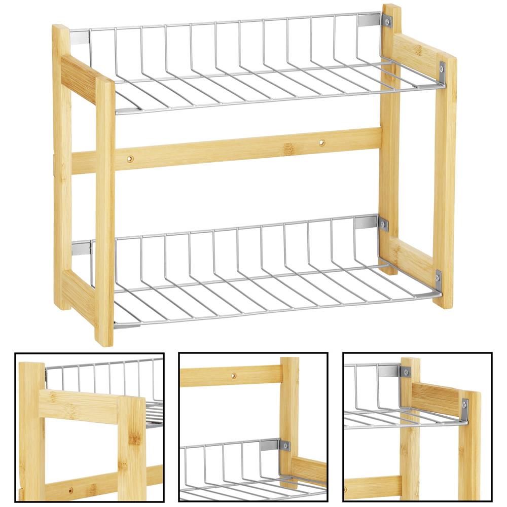 Suport organizator multifunctional cu 2 etaje, bambus si metal, 33x14x25cm