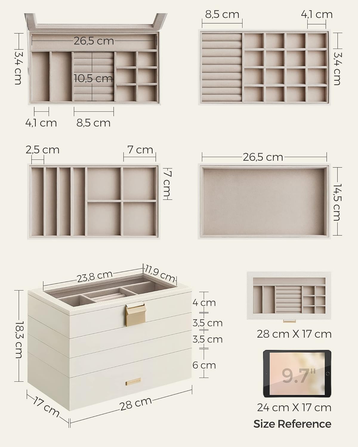 SONGMICS Cutie de bijuterii cu 4 nivele detasabile, MDF si PU, capac sticla, 17x28x18 cm, alb