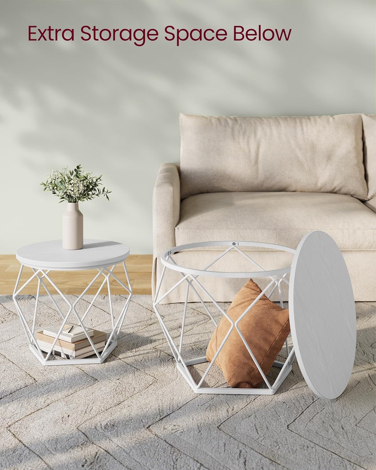 VASAGLE Set de 2 mese de cafea rotunde, cadru otel si blat detasabil, 40cm si 50cm, alb - 6