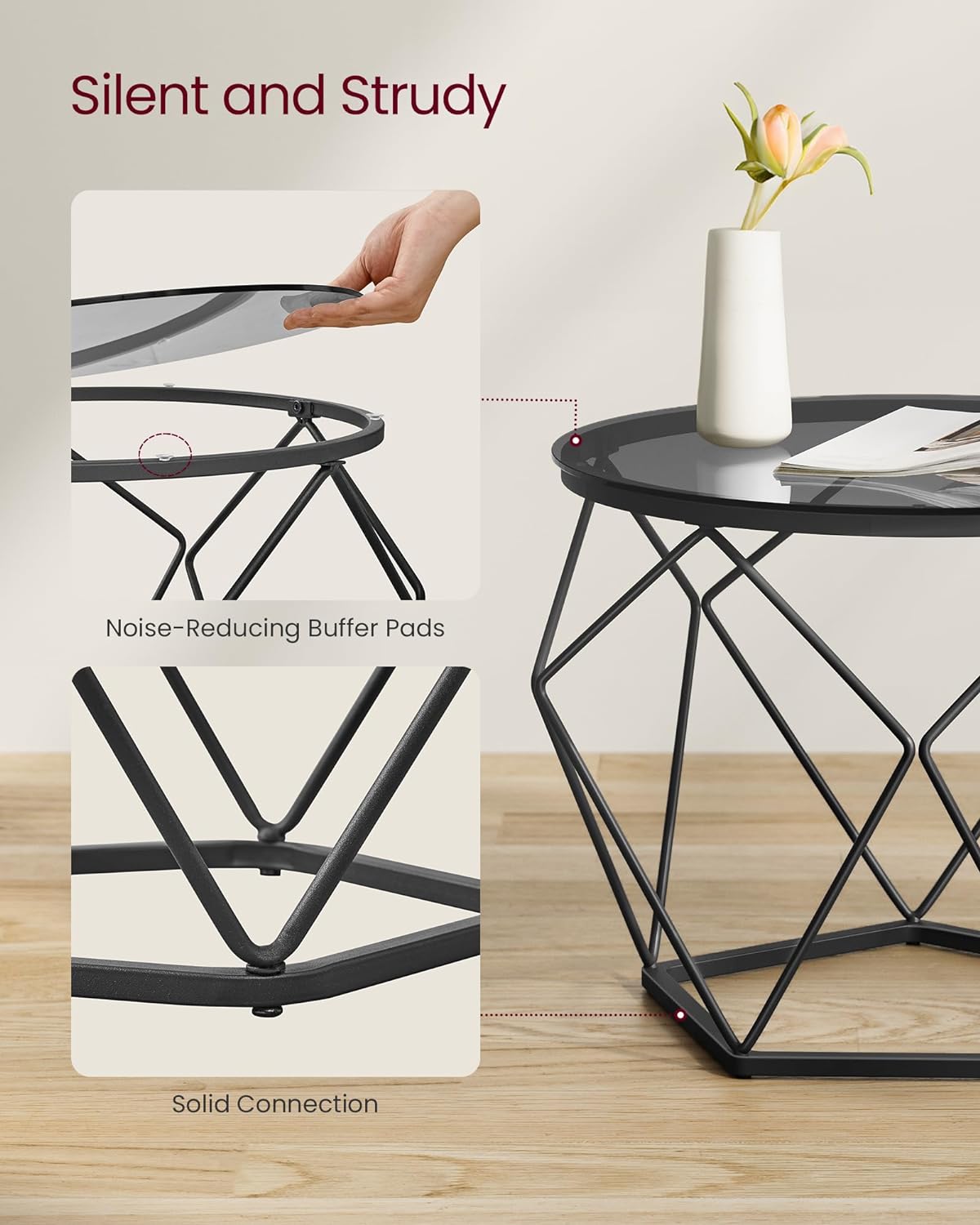 VASAGLE Set de 2 mese de cafea rotunde, cadru otel si blat detasabil din sticla, 40cm si 50cm, negru