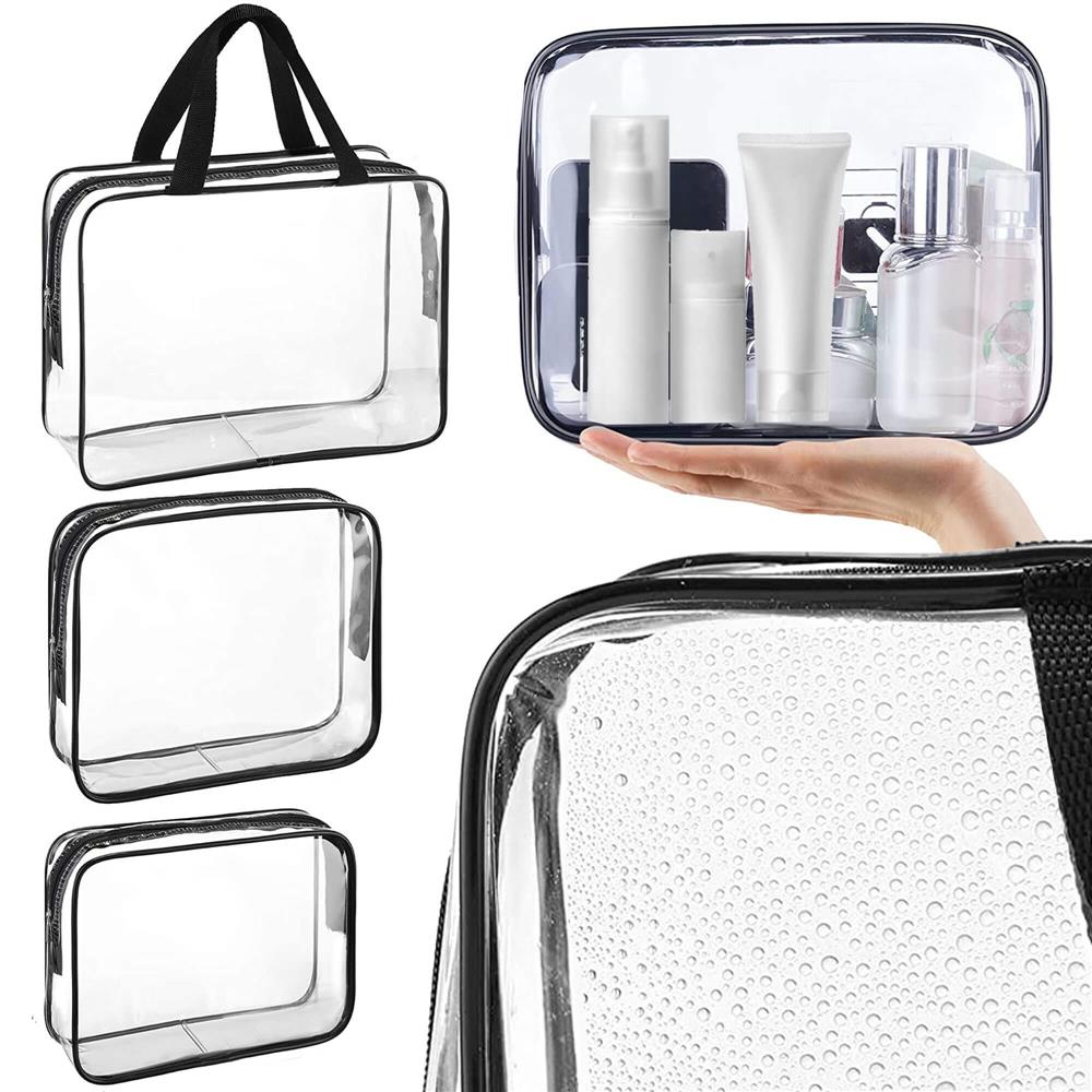 Set 3 genti organizatoare de calatorie cu fermoar, diverse dimensiuni, transparente