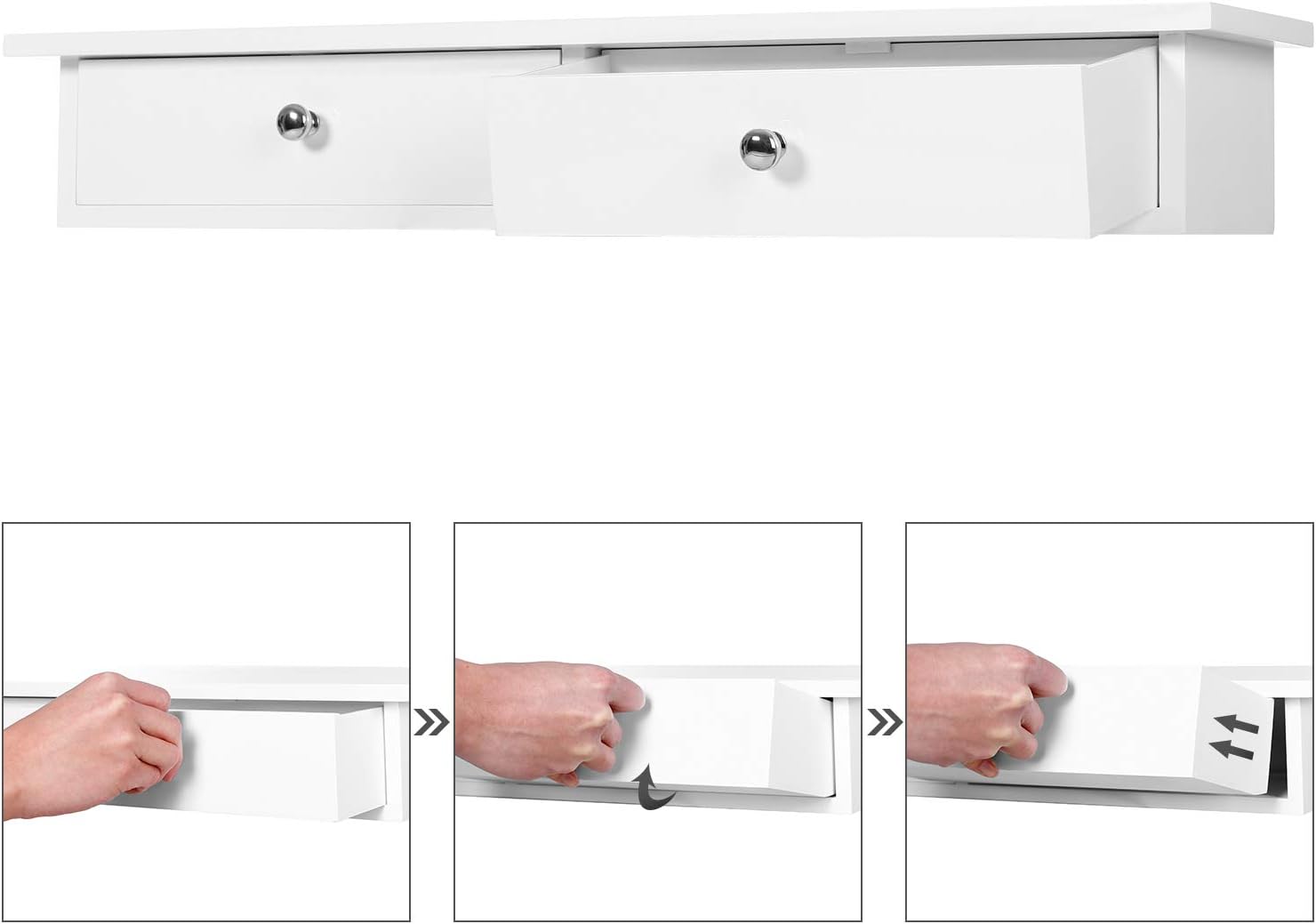 SONGMICS Raft de perete plutitor cu 2 sertare, MDF, sarcina 15kg, 15x65x10cm, alb