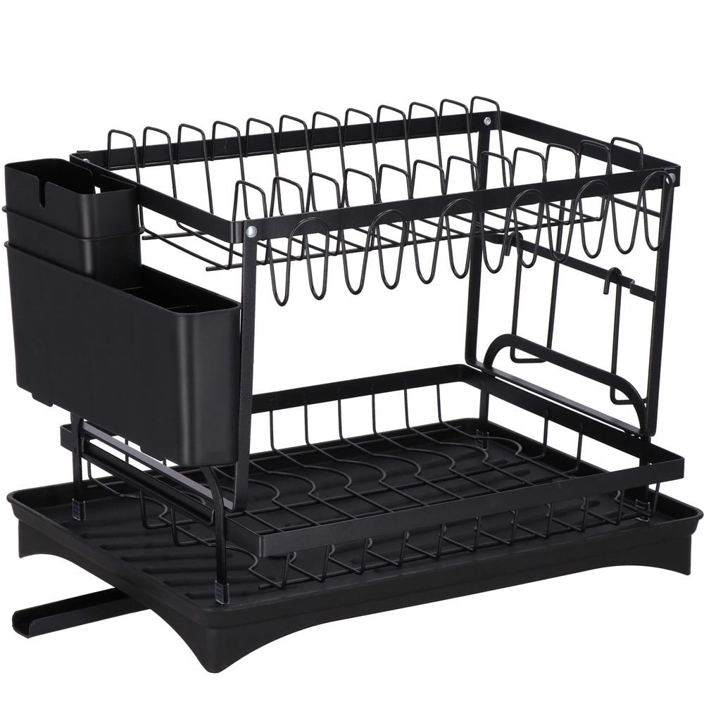 Uscator de vase cu suport pahare si tacamuri, din otel, pe 2 nivele, cu sistem drenaj, 42x30x30cm, negru