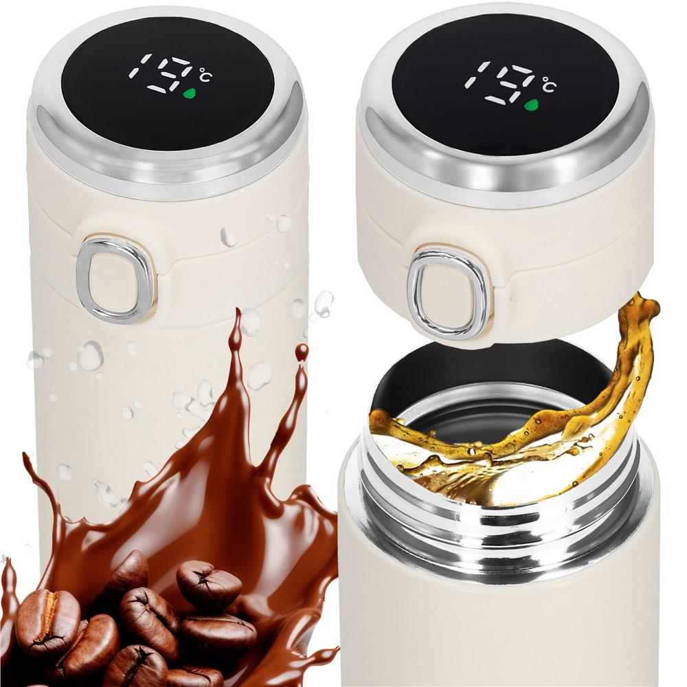 Cana termos Smart, inox, display LED, afisare temperatura, 420ml, 20cm, crem