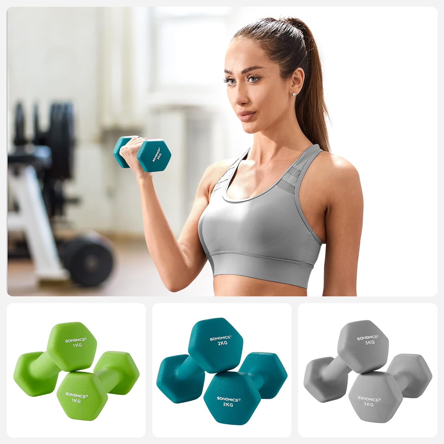 SONGMICS Set de 6 gantere hexagonale cu suport, 2x1kg 2x2kg 2x3 kg, multicolor
