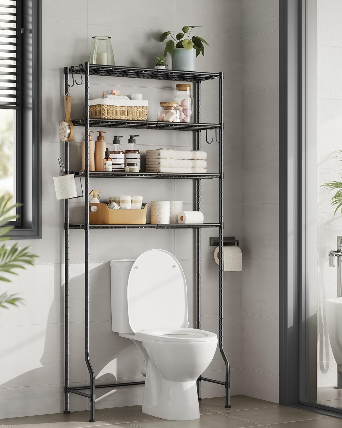 SONGMICS Raft de depozitare pentru baie, suprapunere peste masina spalat sau vas WC, 30x83x176 cm, negru