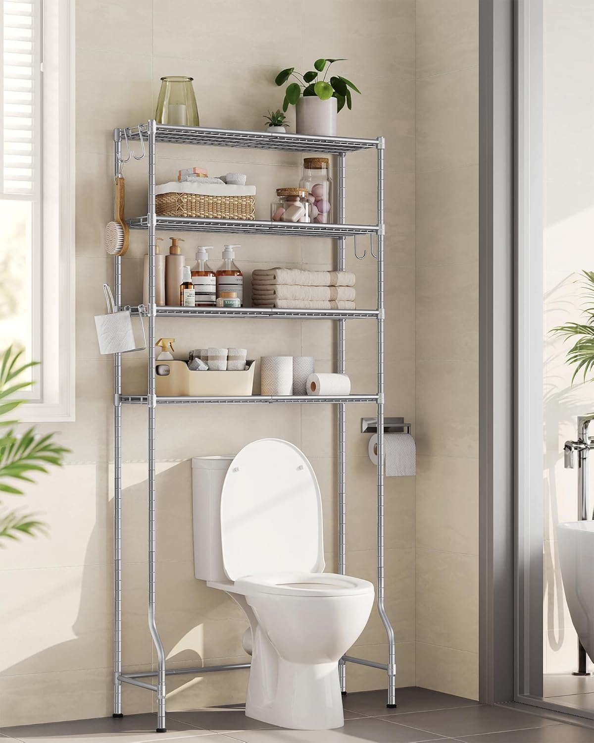 SONGMICS Raft de depozitare pentru baie, suprapunere peste masina spalat sau vas WC, 30x83x176 cm, argintiu