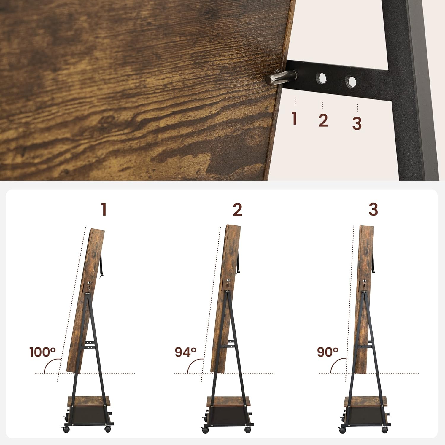 SONGMICS Oglinda de podea cu suport mobil pe roti, spatiu de depozitare, 42x37x153 cm, maro rustic