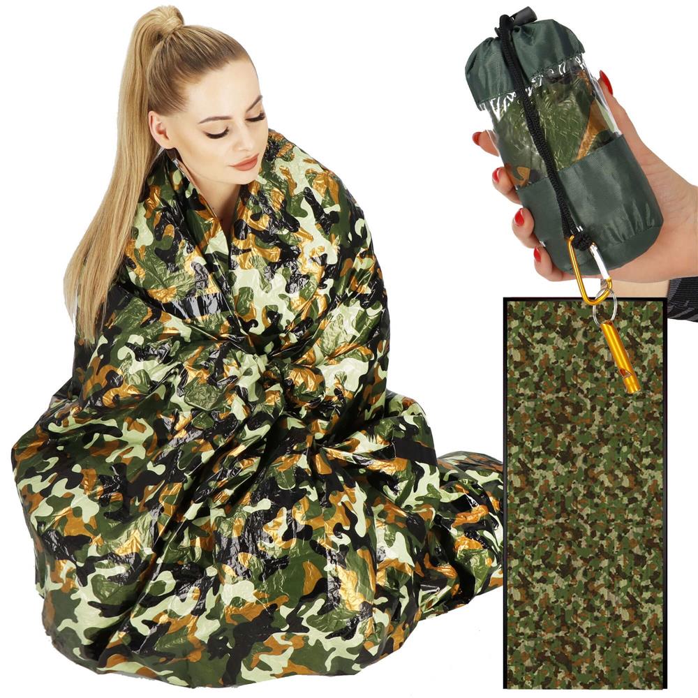 Sac de supravietuire anti hipotermie, umezeala, ploaie si vant, 120x200cm, verde camuflaj