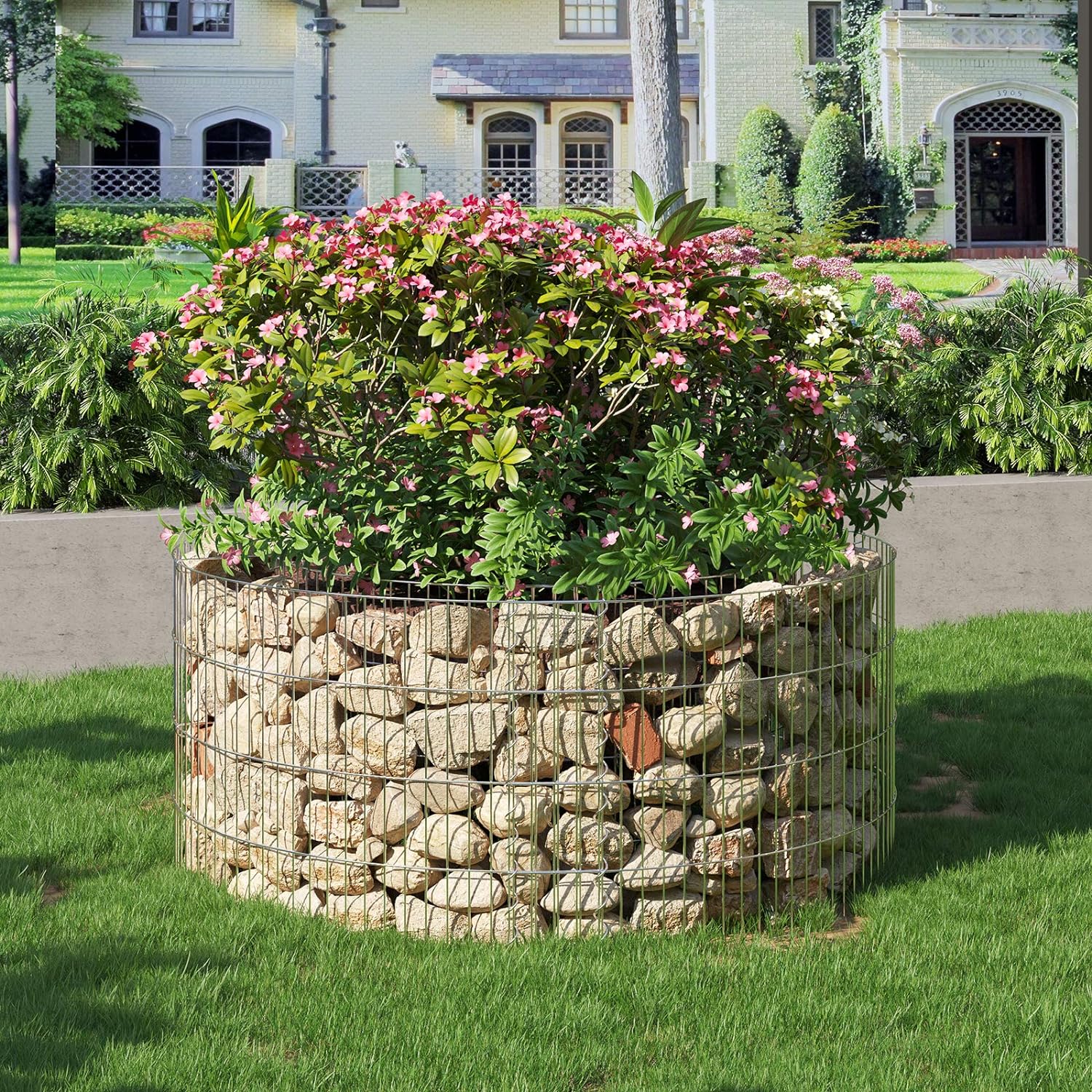 SONGMICS Cos de gabioane rotund pentru pietre, otel galvanizat, 90x90x40cm, argintiu