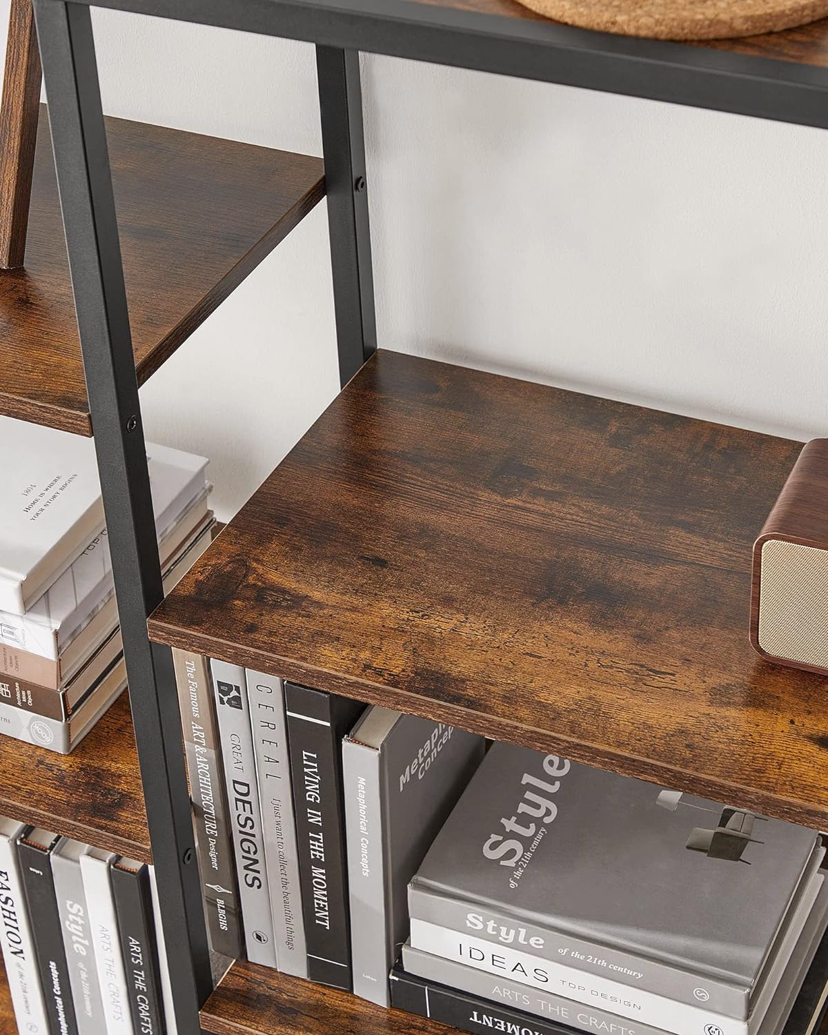 Biblioteca cu suport de depozitare pe 5 etaje, 30x100x170cm, stil industrial, maro rustic si negru