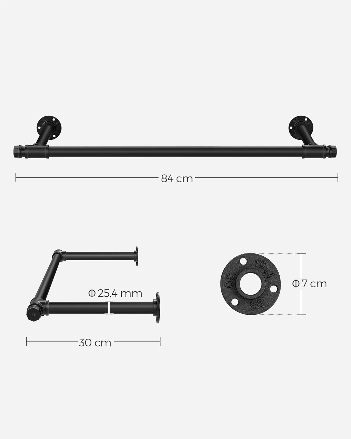 SONGMICS Set 2 sine metalice de agatat haine, montare pe perete, aspect industrial, 84x30x7cm, negru