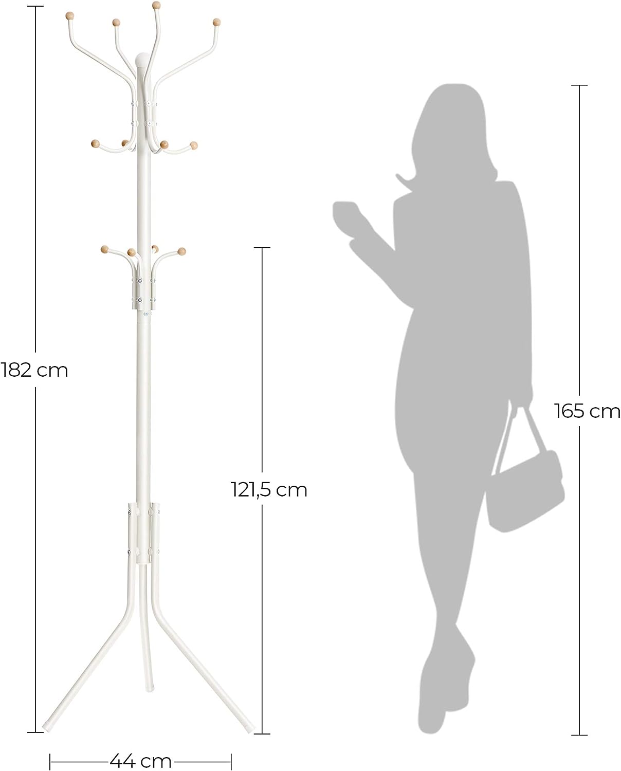 Cuier pentru haine cu 12 carlige pe 3 nivele, metalic, inaltime 182 cm, alb crem