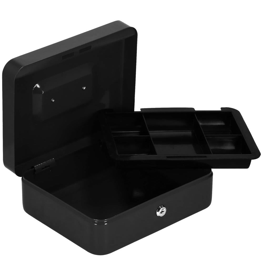 Caseta pentru bani tip cutie de valori, compartimentanta, cu cheie, metal, 30x24x9cm, negru