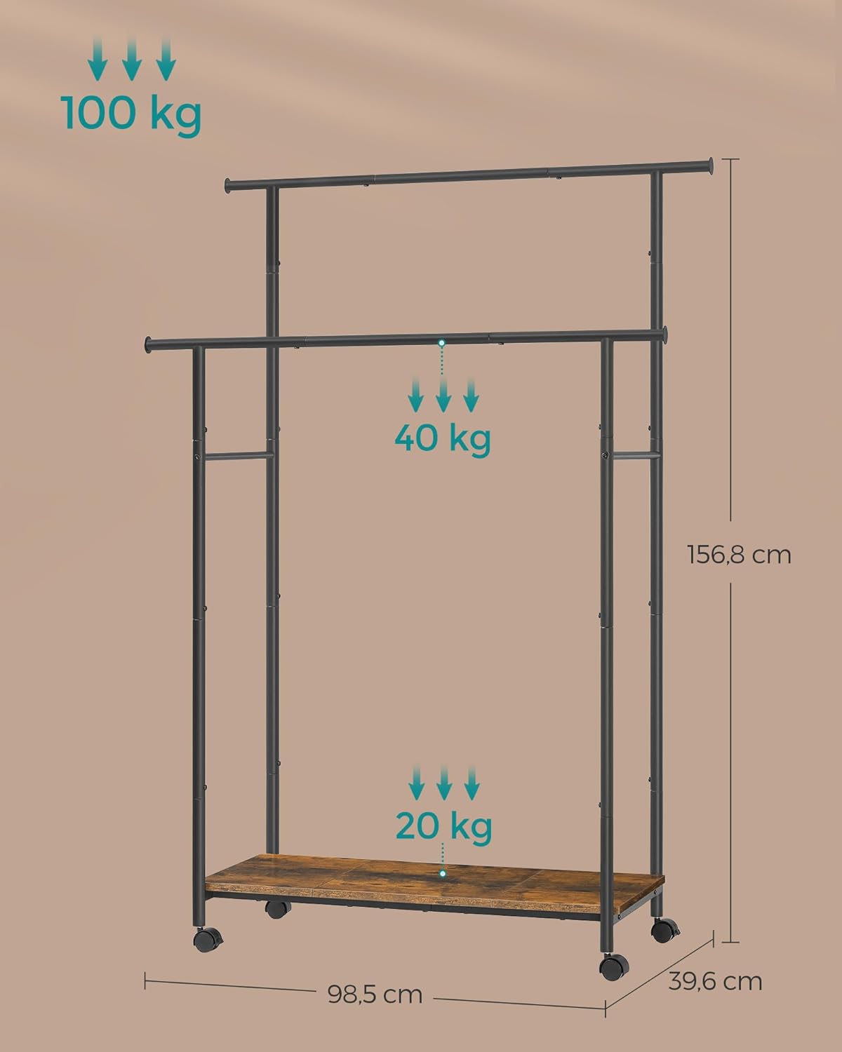 SONGMICS Suport pentru haine dublu cu 2 sine de agatat si polita inferioara, pe roti, 40x99x157 cm, negru