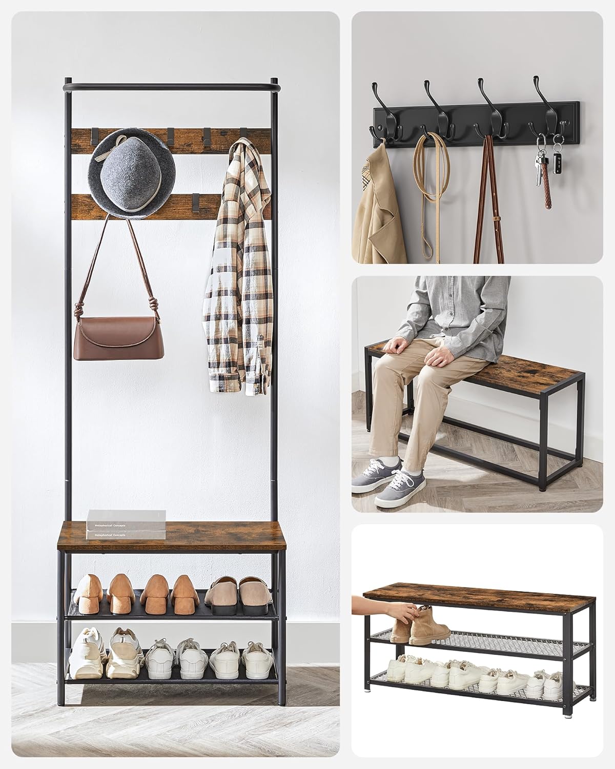 VASAGLE Cuier cu rafturi depozitare pantofi si ​​bara suspendata, industrial, 32x64x180 cm, maro rustic si negru