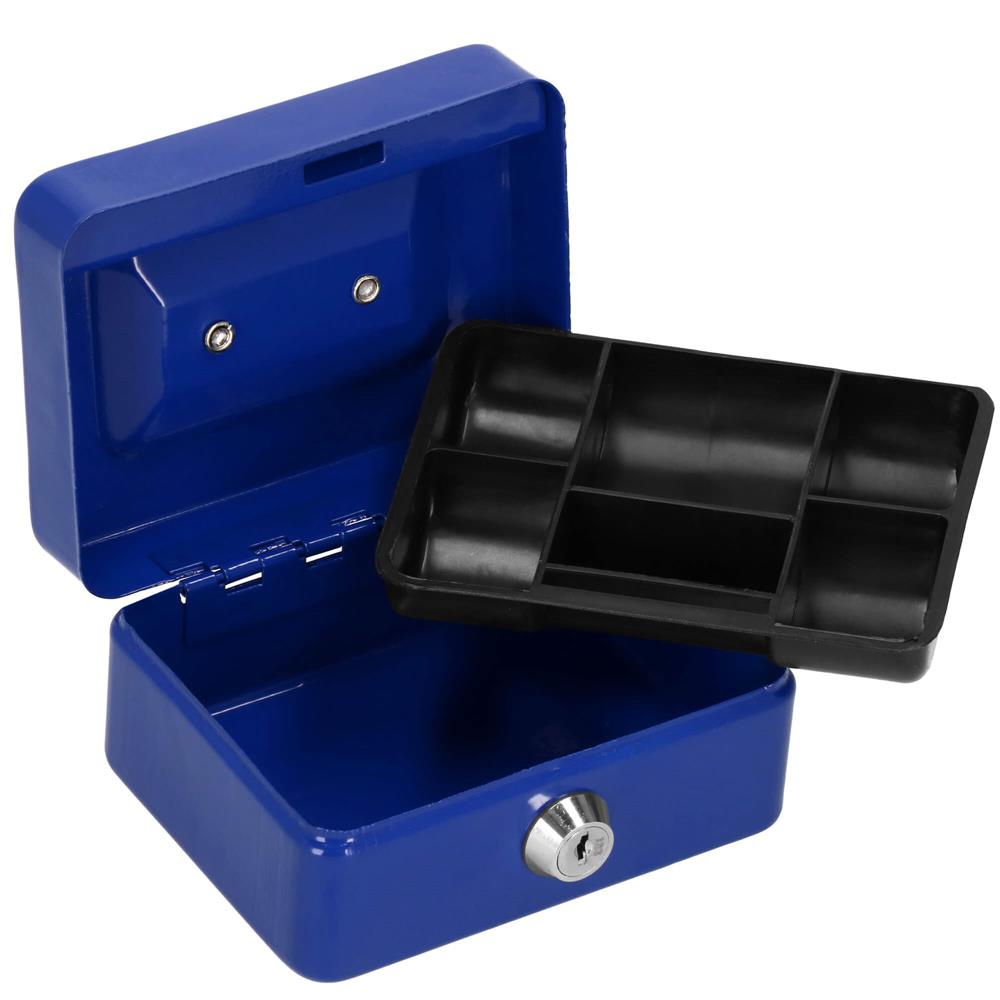 Caseta pentru bani tip cutie de valori, compartimentanta, cu cheie, metal, 12.5x9.5x6.5cm, albastru