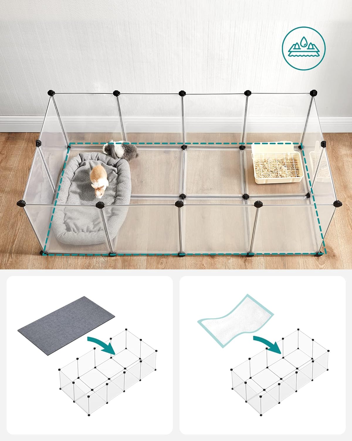 SONGMICS Tarc pentru animale mici rozatoare, din plastic, modulara DIY, 143 x 73 x 46 cm, alb