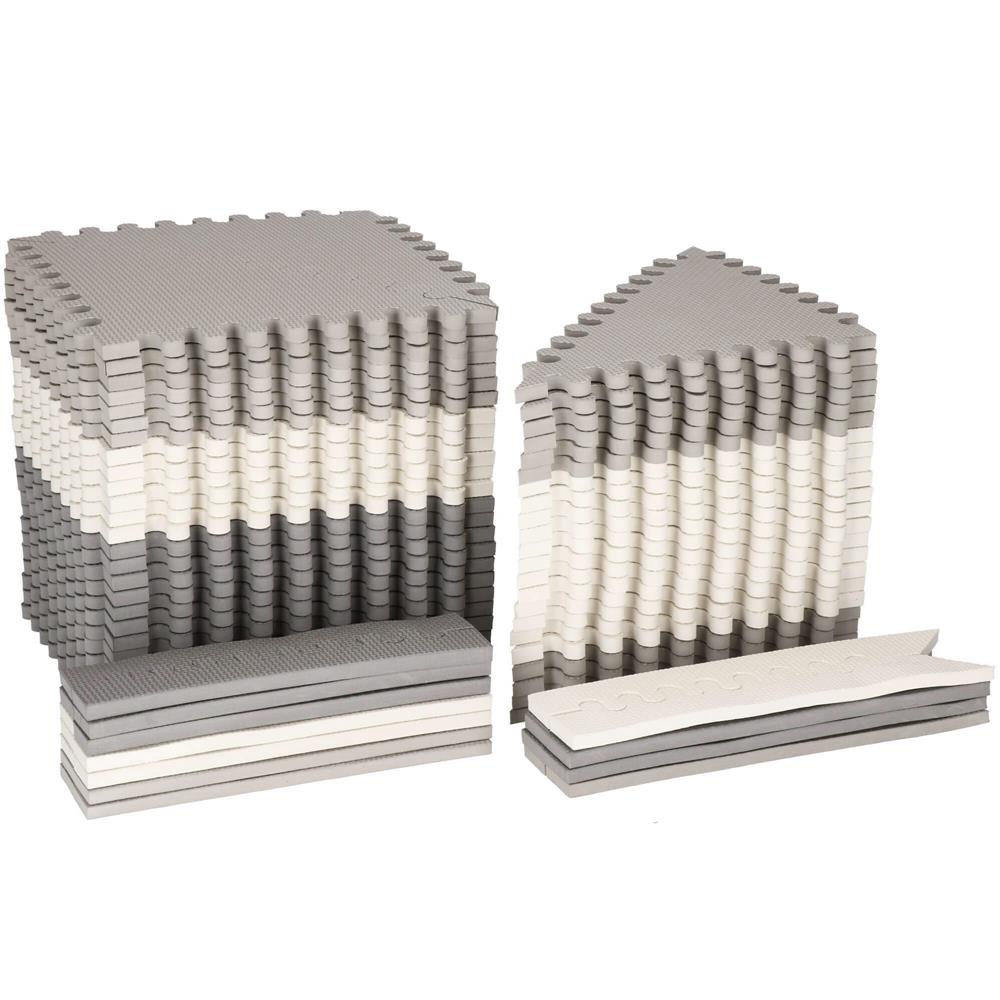 Covor din spuma pentru copii, tip puzzle triunghiuri, 96 piese,186×186 cm, alb gri
