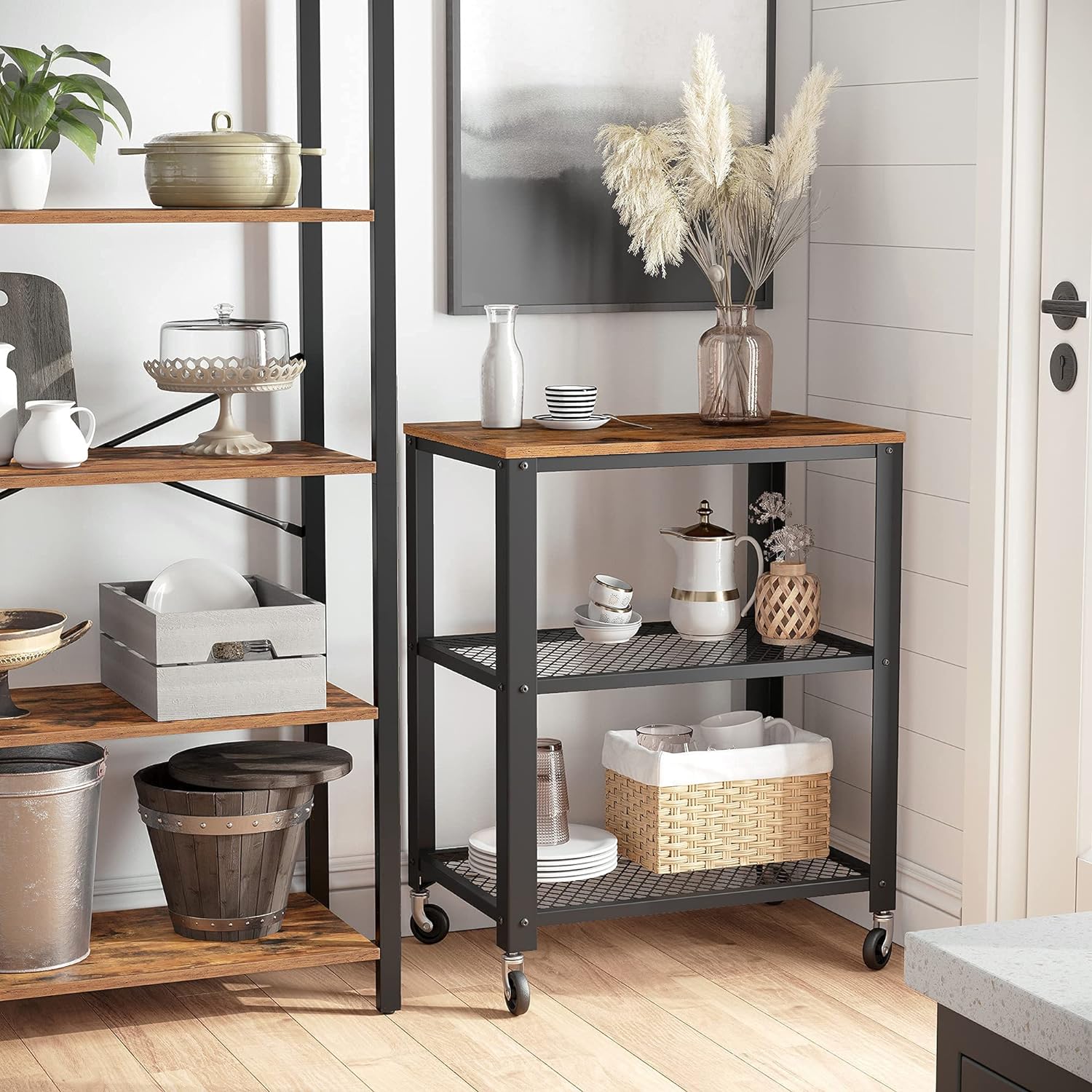 Carucior de servire pe roti, cu polite, pentru bucatarie, 40x60x77cm, industrial, maro rustic