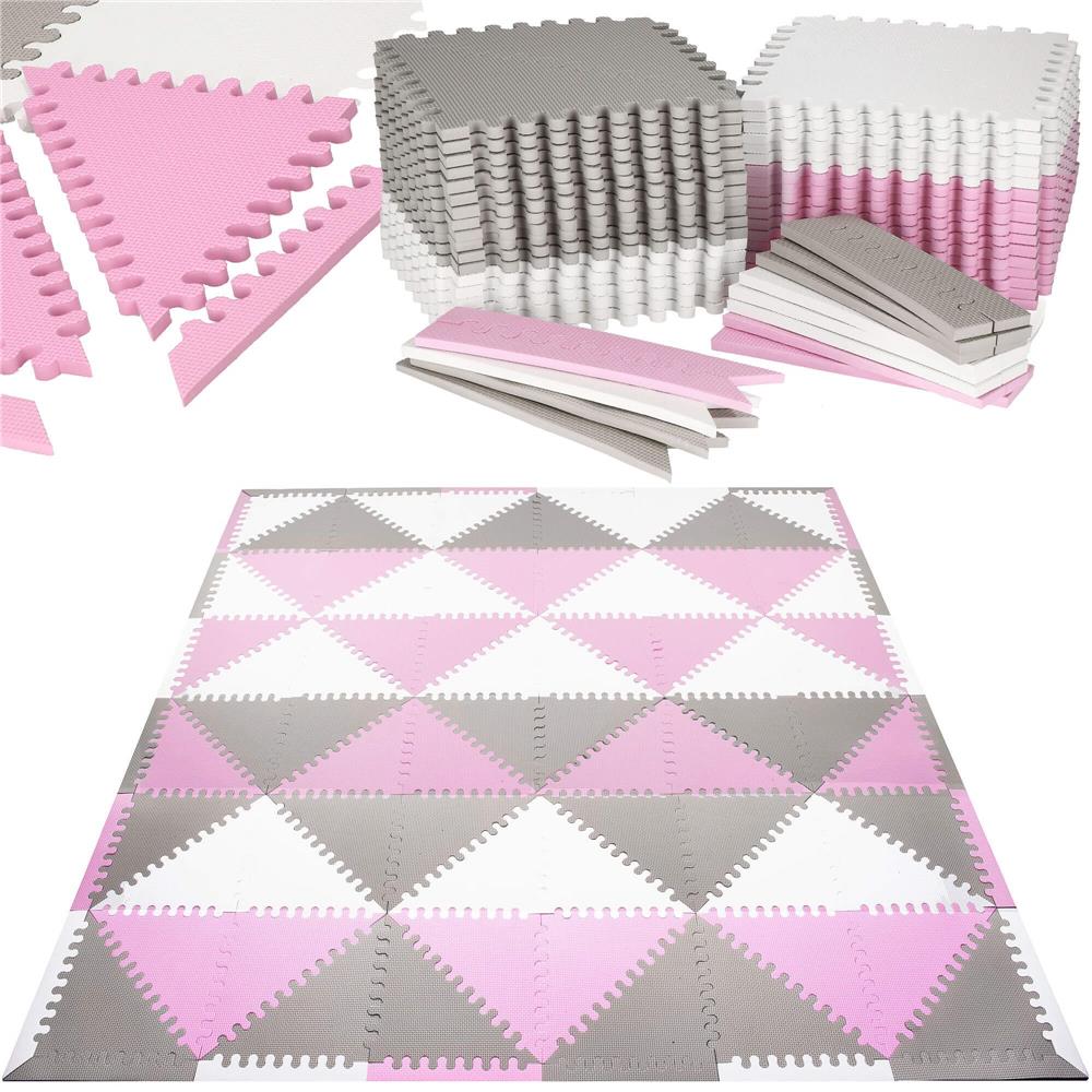 Covor din spuma pentru copii, tip puzzle triunghiuri, 96 piese,186×186 cm, gri roz