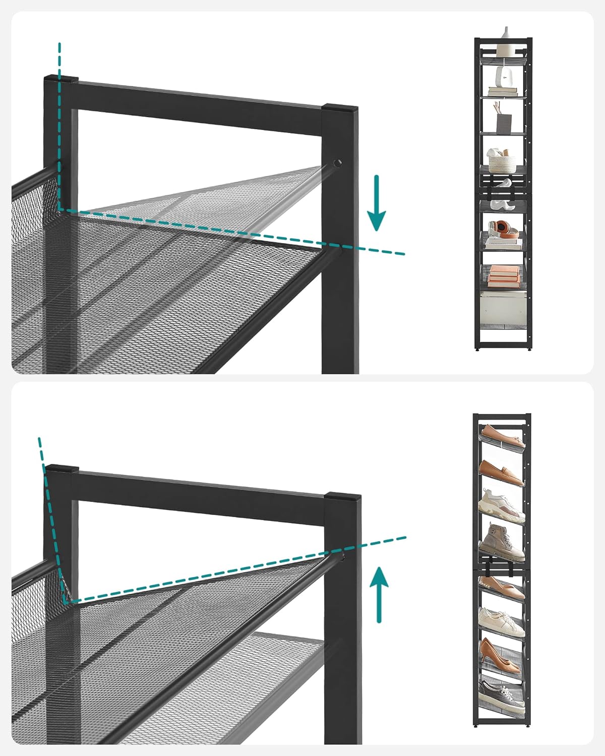 Raft pentru pantofi suprapozabil, pe 8 nivele, din metal, cu rafturi reglabile, pentru 32-40 perechi, 31x 92x163cm, negru