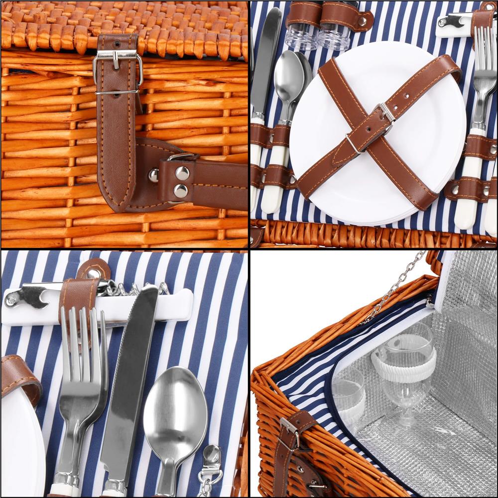 Cos de picnic echipat pentru 4 persoane Deluxe, din rachita, cu vesela si tacamuri, frigorific